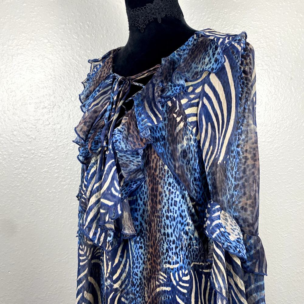 Metric Animal Print Whimsigoth Avant Garde LaceUp Boho Ruffle Flowy Blouse Dress - Picture 8 of 14